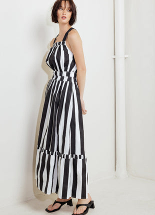 LUXE LINEAR STRIPED WOVEN MIDI DRESS