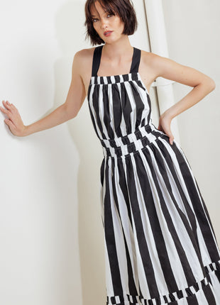 LUXE LINEAR STRIPED WOVEN MIDI DRESS