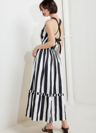 LUXE LINEAR STRIPED WOVEN MIDI DRESS