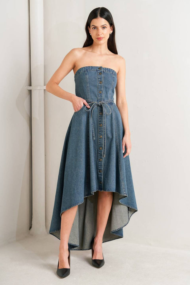 MIDNIGHT VOLUME DENIM MIDI DRESS