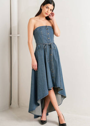 MIDNIGHT VOLUME DENIM MIDI DRESS
