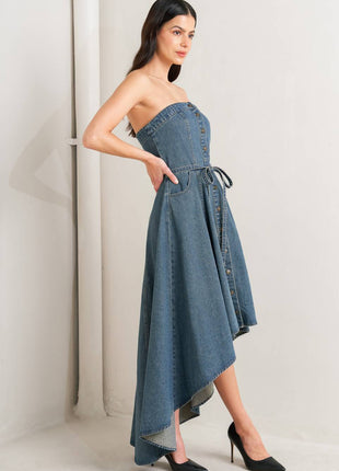 MIDNIGHT VOLUME DENIM MIDI DRESS
