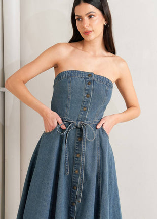 MIDNIGHT VOLUME DENIM MIDI DRESS