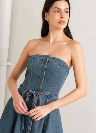 MIDNIGHT VOLUME DENIM MIDI DRESS