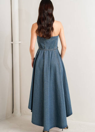 MIDNIGHT VOLUME DENIM MIDI DRESS
