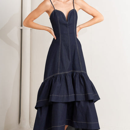 RAW ELEGANCE DENIM MIDI DRESS