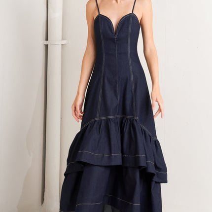 RAW ELEGANCE DENIM MIDI DRESS