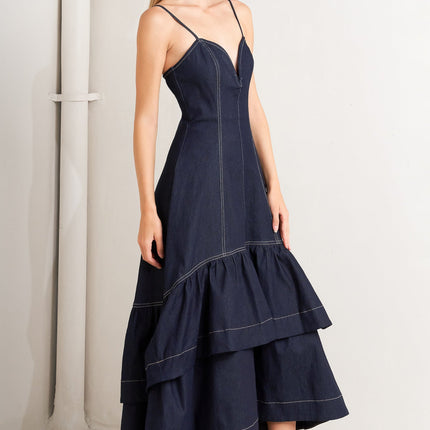 RAW ELEGANCE DENIM MIDI DRESS