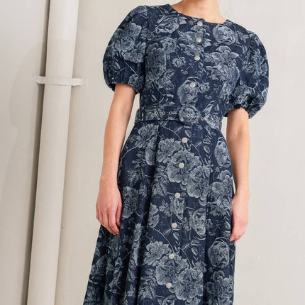 DARK BLOOM JACQUARD DENIM MIDI DRESS