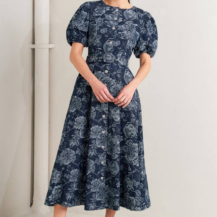 DARK BLOOM JACQUARD DENIM MIDI DRESS