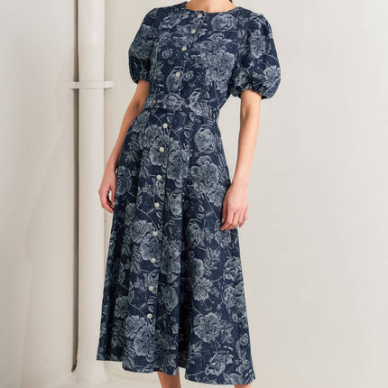 DARK BLOOM JACQUARD DENIM MIDI DRESS