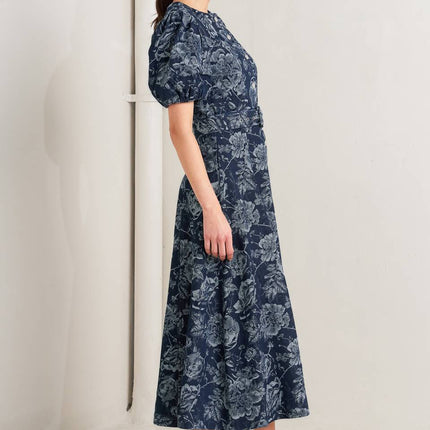 DARK BLOOM JACQUARD DENIM MIDI DRESS