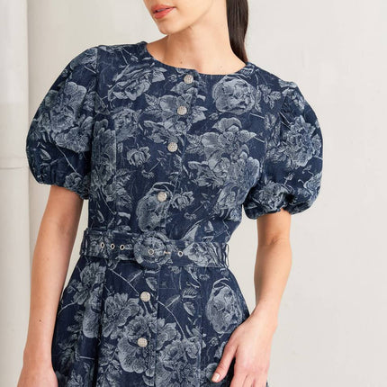 DARK BLOOM JACQUARD DENIM MIDI DRESS