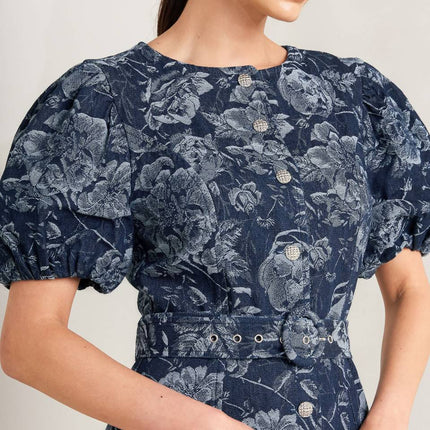 DARK BLOOM JACQUARD DENIM MIDI DRESS