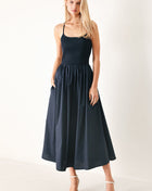 EASY BREEZE NAVY WOVEN MIDI DRESS