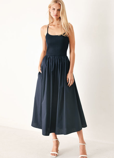 EASY BREEZE NAVY WOVEN MIDI DRESS