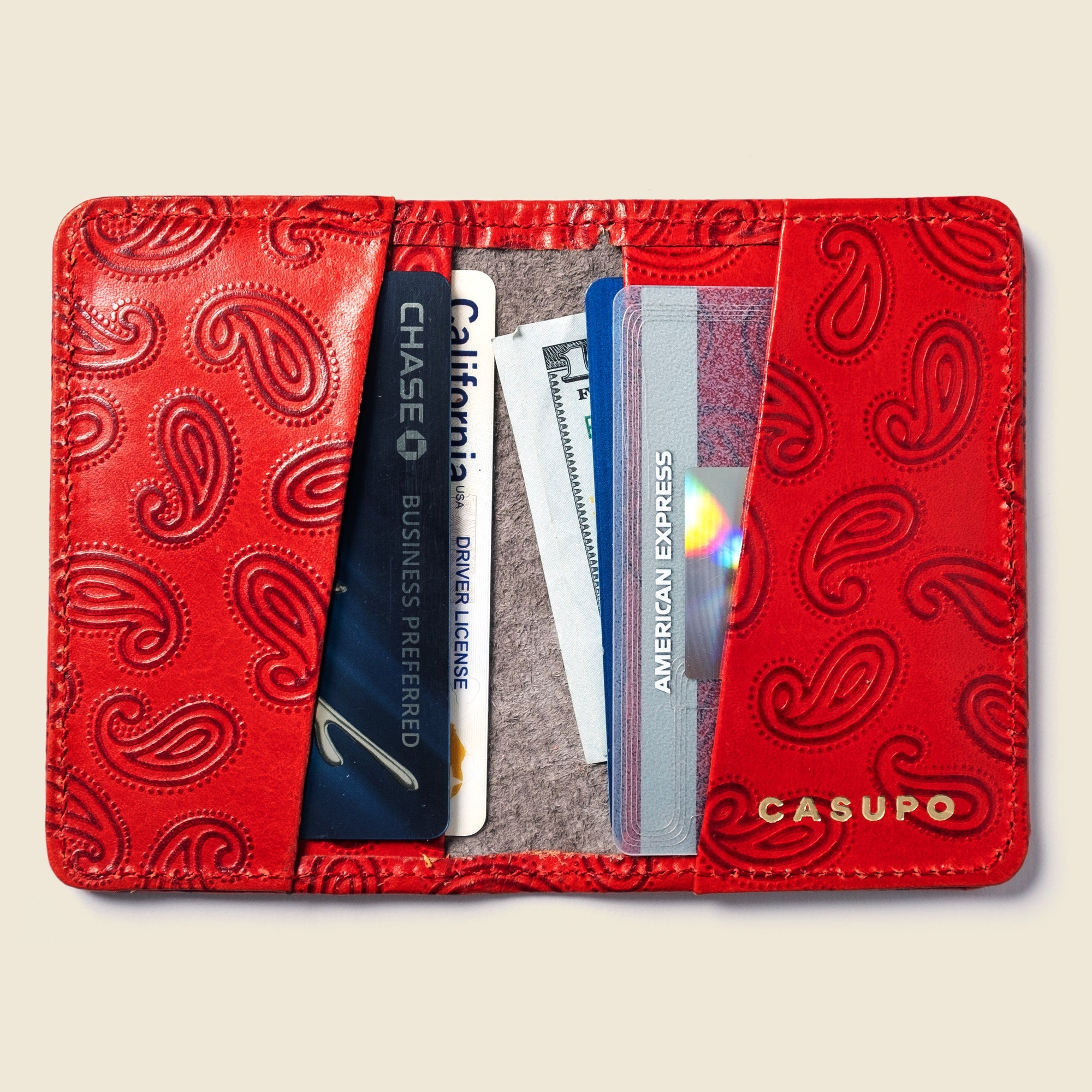 Handcrafted Red Paisley Bifold Wallet, Repurposed Leather Wallets & Purses CASUPO