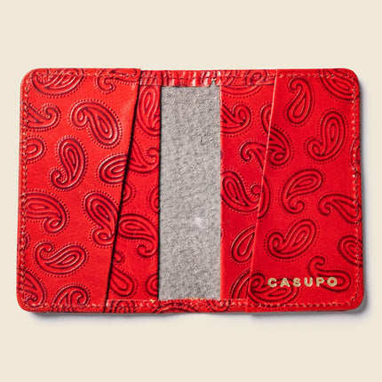 Handcrafted Red Paisley Bifold Wallet, Repurposed Leather