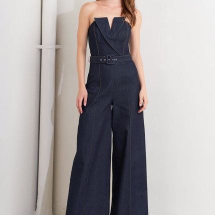 LE BONHEUR V CUT VOW DENIM JUMPSUIT