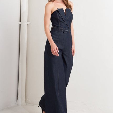 LE BONHEUR V CUT VOW DENIM JUMPSUIT