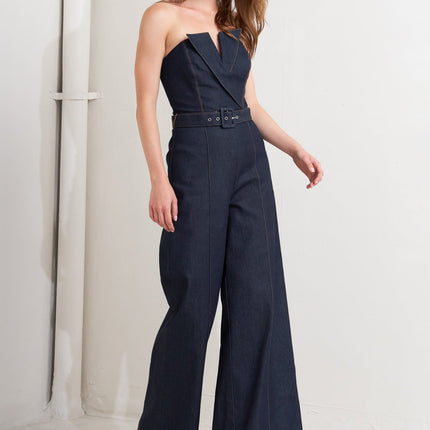 LE BONHEUR V CUT VOW DENIM JUMPSUIT