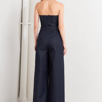 LE BONHEUR V CUT VOW DENIM JUMPSUIT