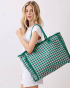 Gingham Check Terry Cloth Frayed Shoulder Tote Bag