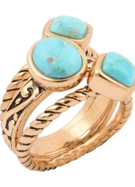 Multi-Shape Blue Turquoise and Golden Trio Ring Set