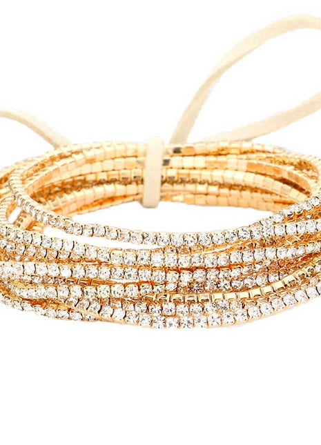 12PCS Ribbon Colorful Rhinestone Layered Stretch Bracelets