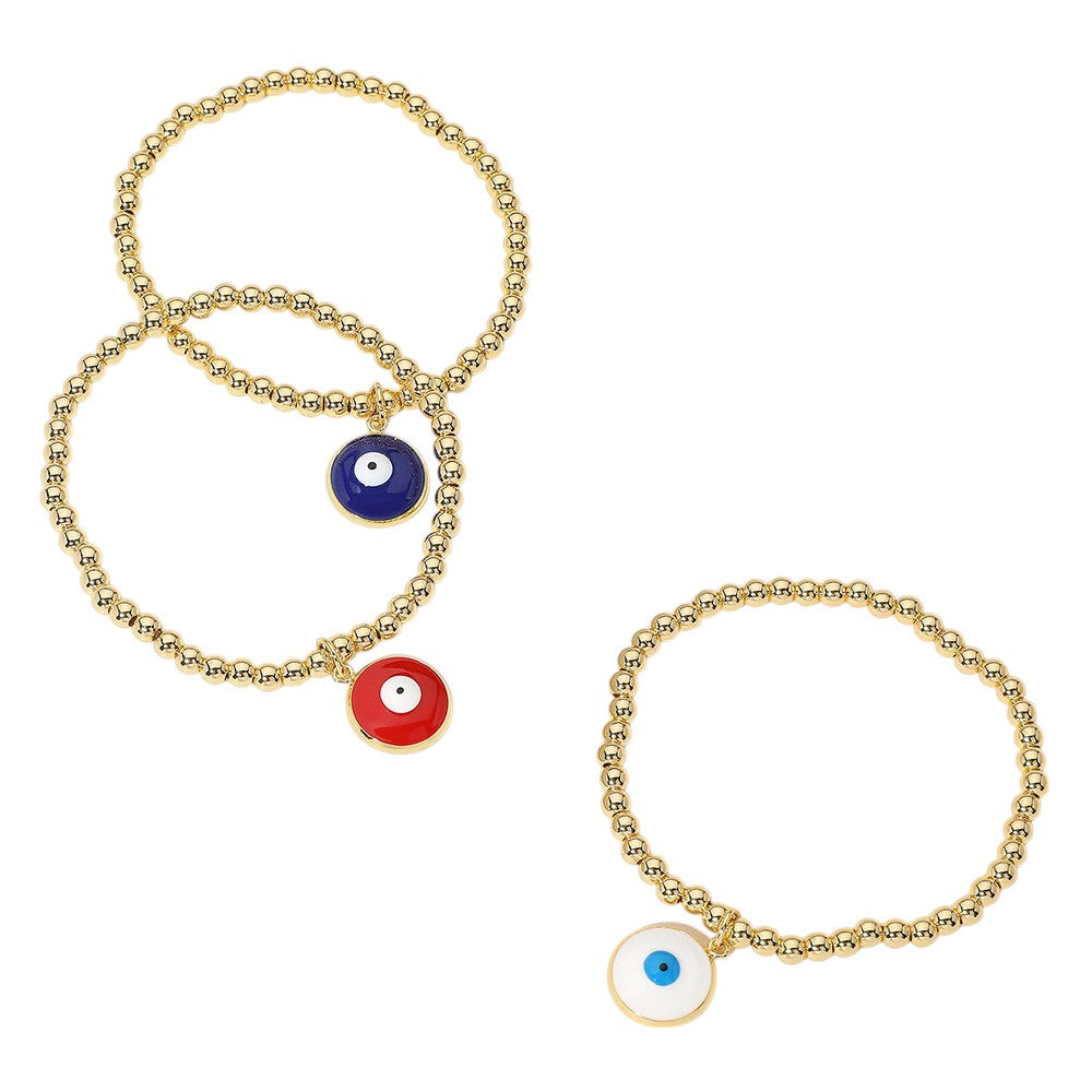 Stainless Steel Ball Evil Eye Charm Beaded Stretch Bracelet