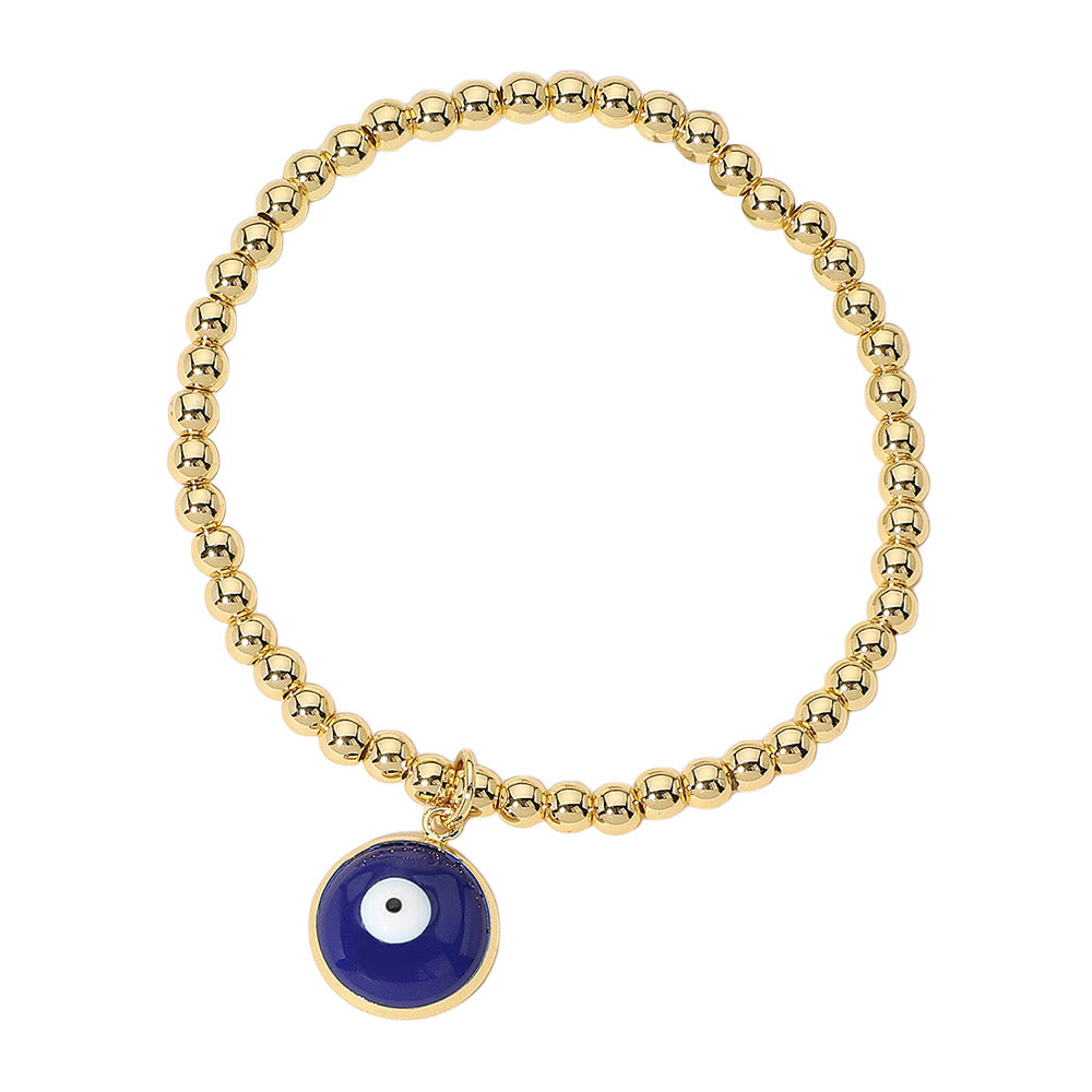 Stainless Steel Ball Evil Eye Charm Beaded Stretch Bracelet