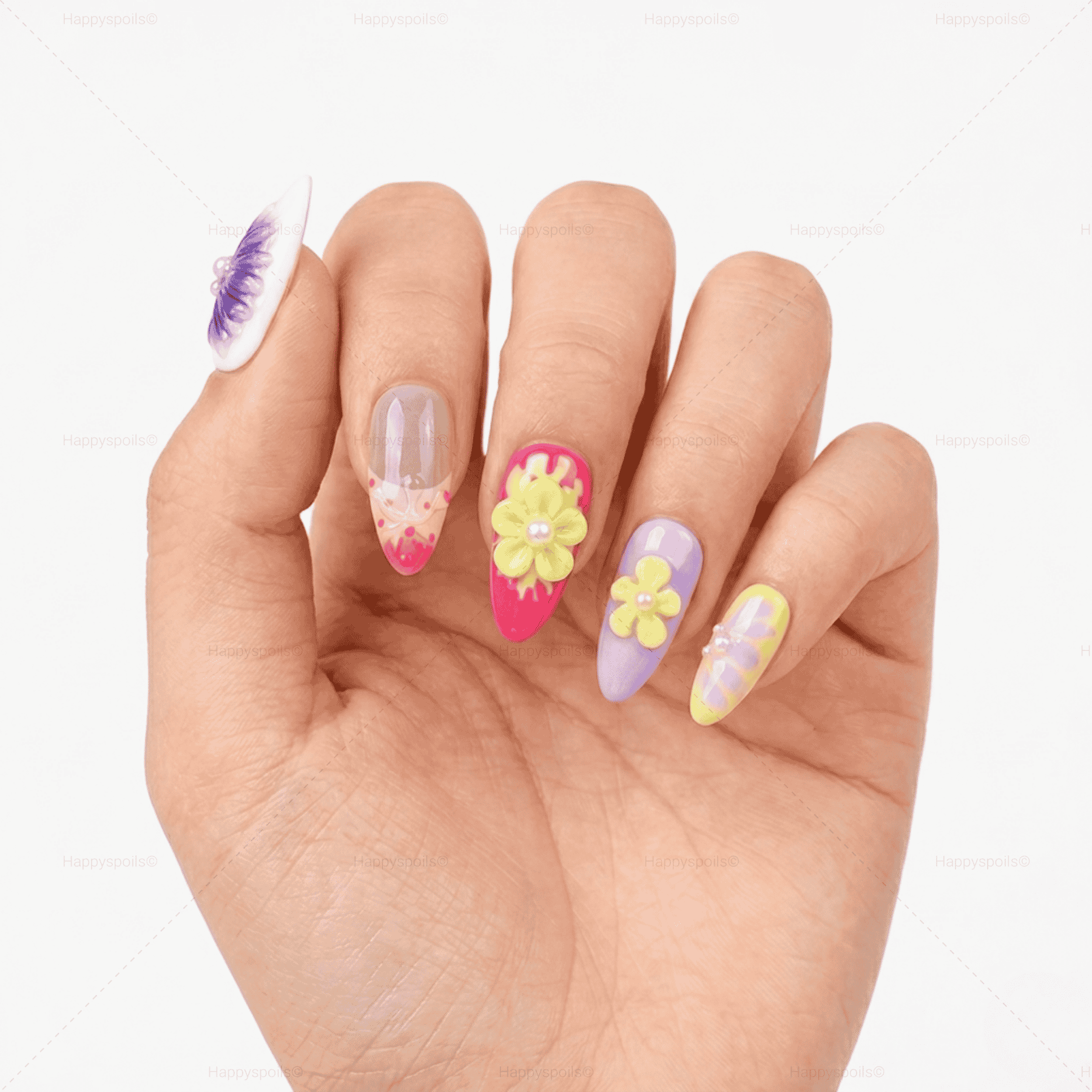 Floral Coconut M Almond Handcrafted Press on Nail Set