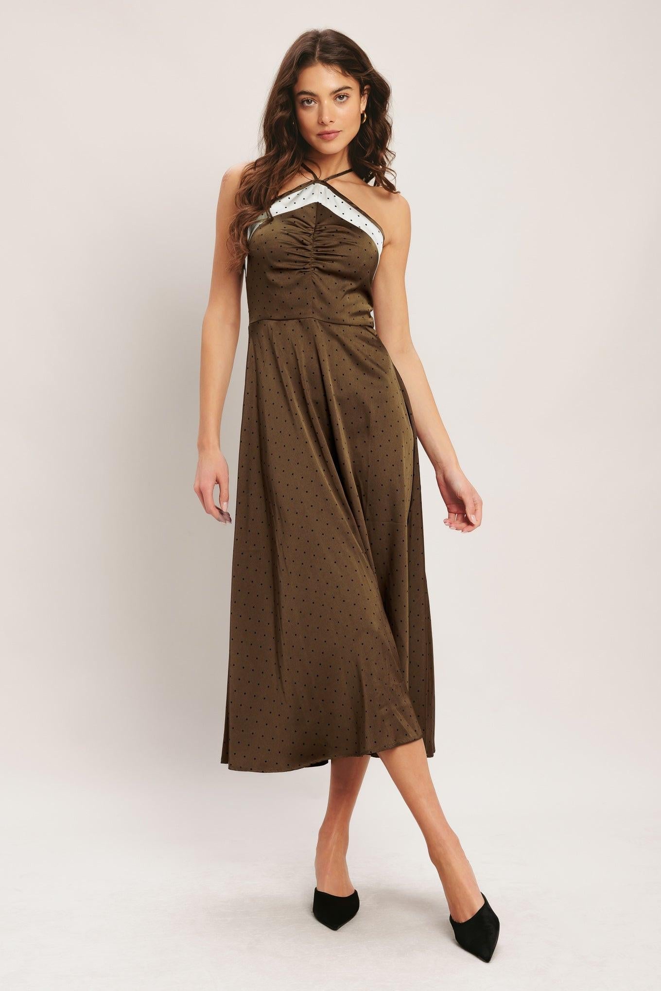 ESPRESSO POLKA DOT HALTER SATIN MIDI DRESS