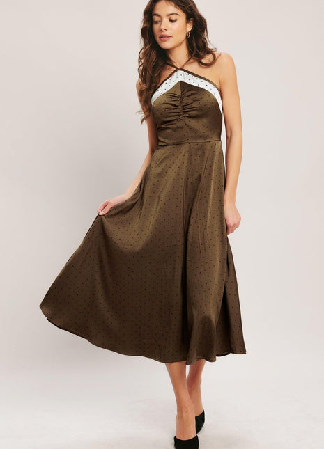 ESPRESSO POLKA DOT HALTER SATIN MIDI DRESS