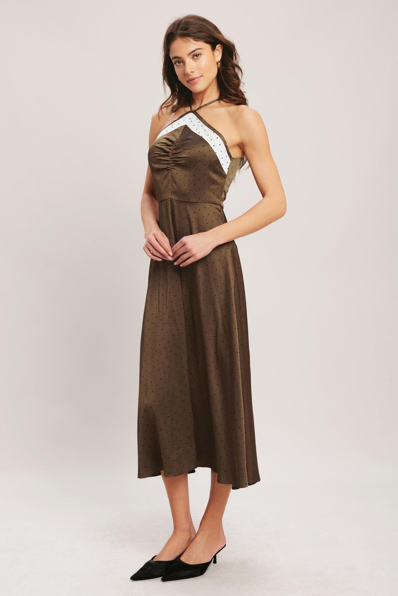 ESPRESSO POLKA DOT HALTER SATIN MIDI DRESS