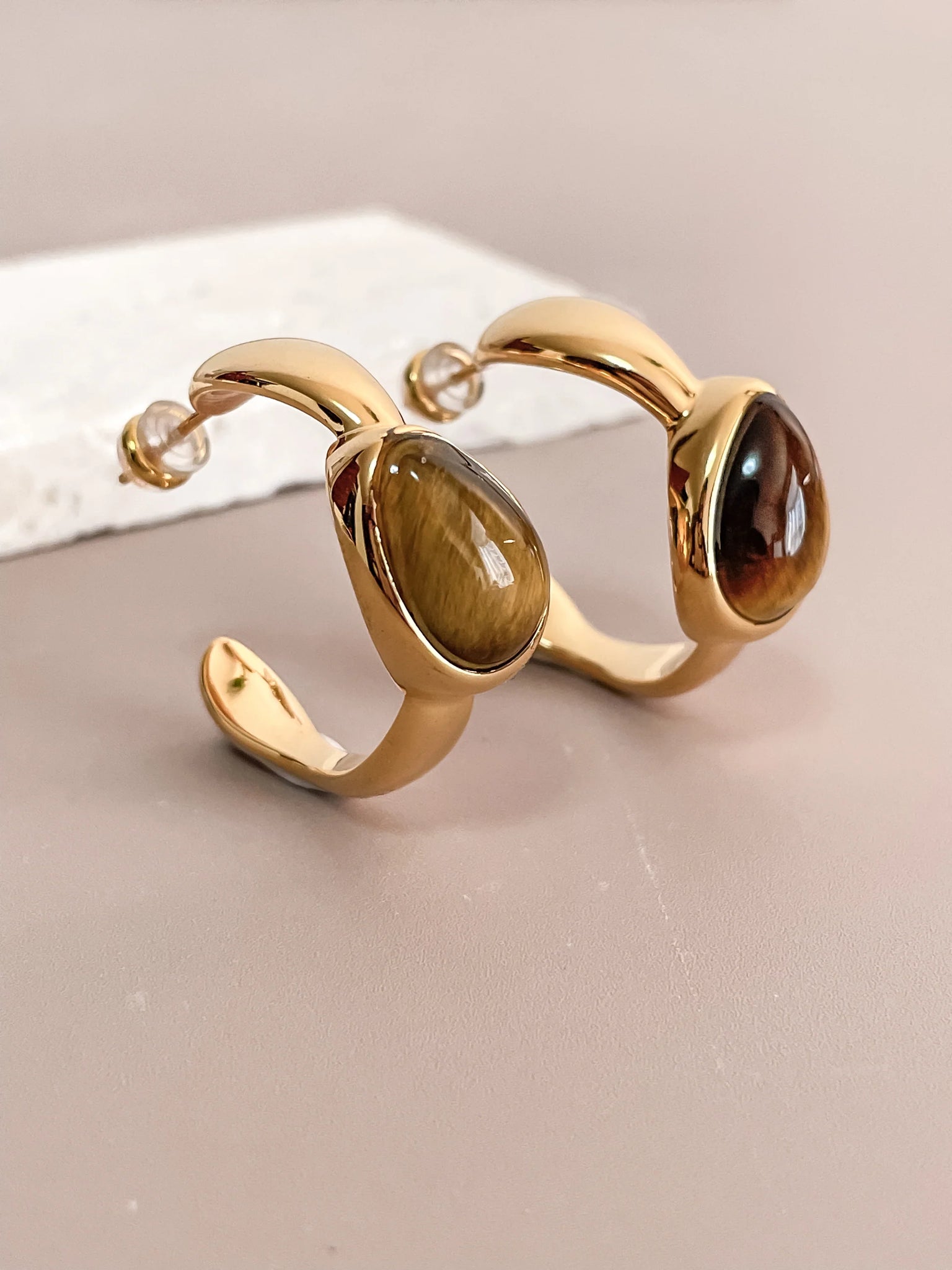 Natural Tiger's Eye Mini Hoop Earrings, 18k Gold Plated Earrings Trendsi