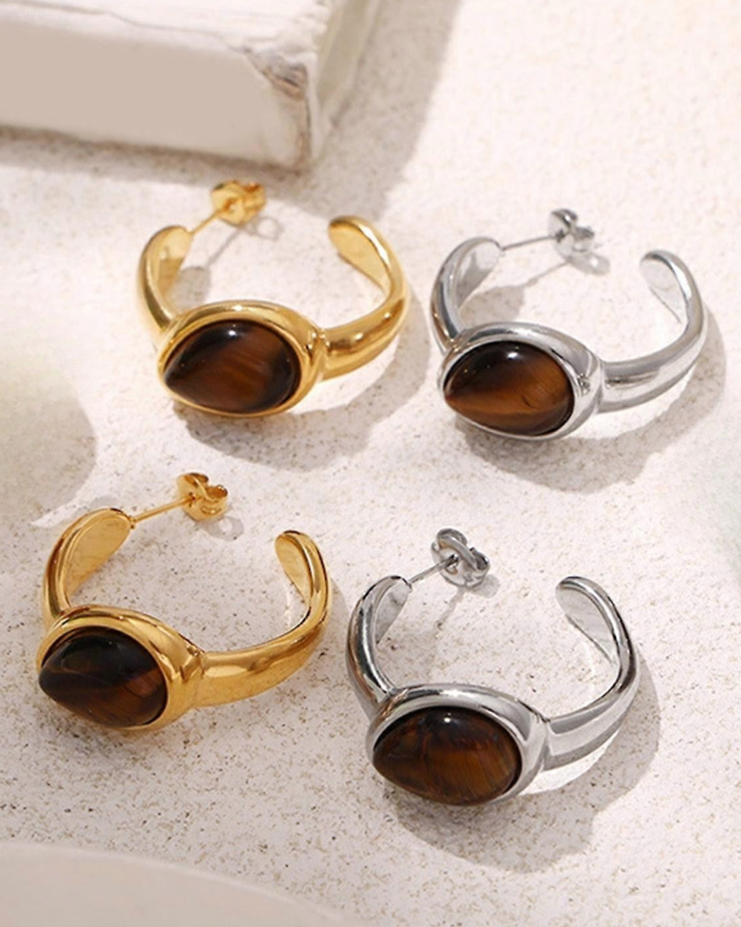 Natural Tiger's Eye Mini Hoop Earrings, 18k Gold Plated Earrings Trendsi