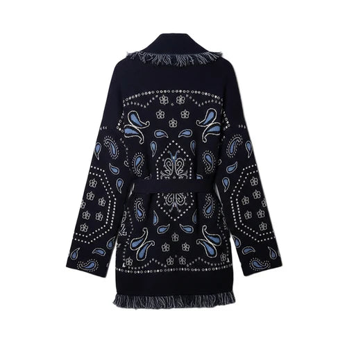 One of Kind Navy Paisley Fringe Waist Tied Cardigan