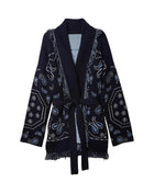 One of Kind Navy Paisley Fringe Waist Tied Cardigan