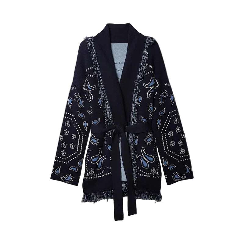 One of Kind Navy Paisley Fringe Waist Tied Cardigan