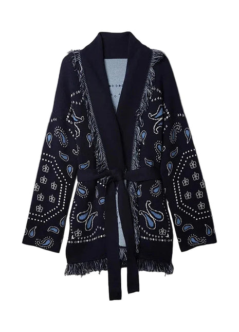 One of Kind Navy Paisley Fringe Waist Tied Cardigan
