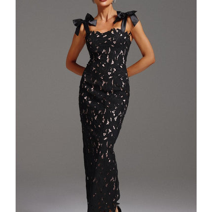 Black Floral Lace Midi Dress