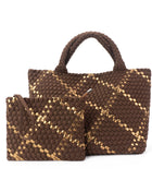 The Charli | Large Woven Neoprene Tote with Wristlet | Cocoa with Gold Stripe Handbag Babs+Birdie