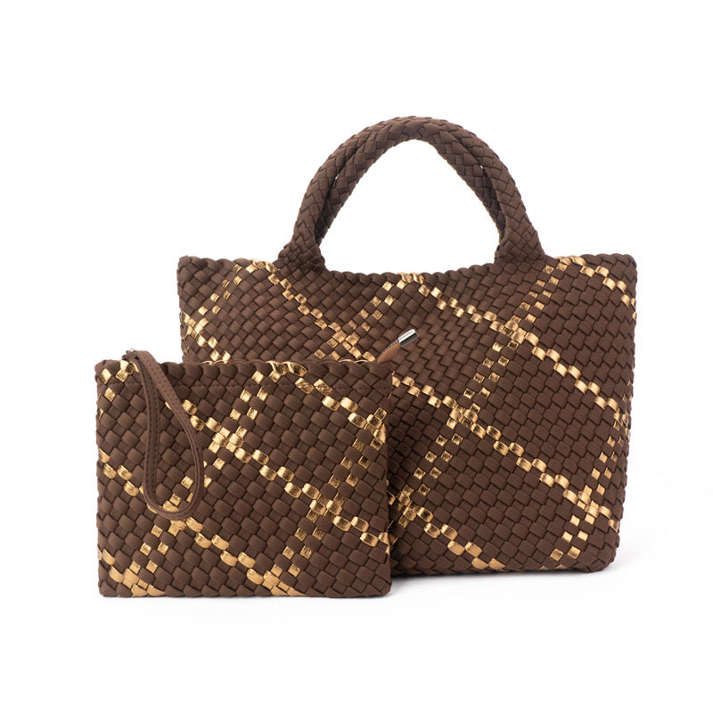 The Charli | Large Woven Neoprene Tote with Wristlet | Cocoa with Gold Stripe Handbag Babs+Birdie