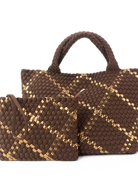 The Charli | Large Woven Neoprene Tote with Wristlet | Cocoa with Gold Stripe
