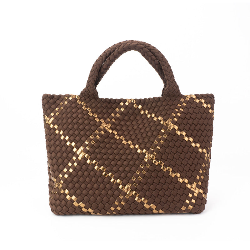 The Charli | Large Woven Neoprene Tote with Wristlet | Cocoa with Gold Stripe Handbag Babs+Birdie