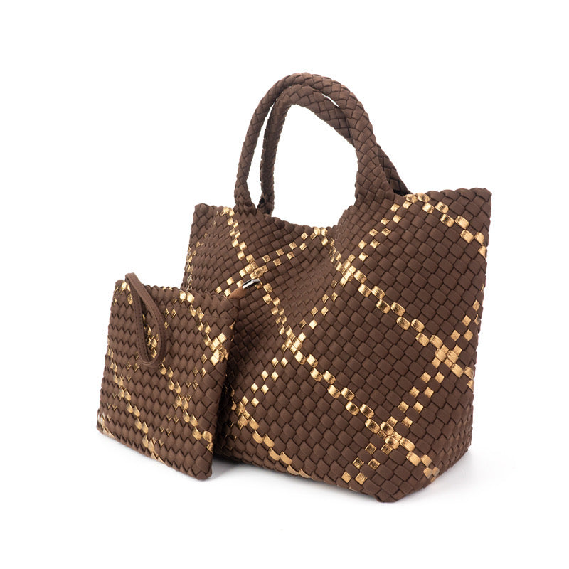 The Charli | Large Woven Neoprene Tote with Wristlet | Cocoa with Gold Stripe Handbag Babs+Birdie
