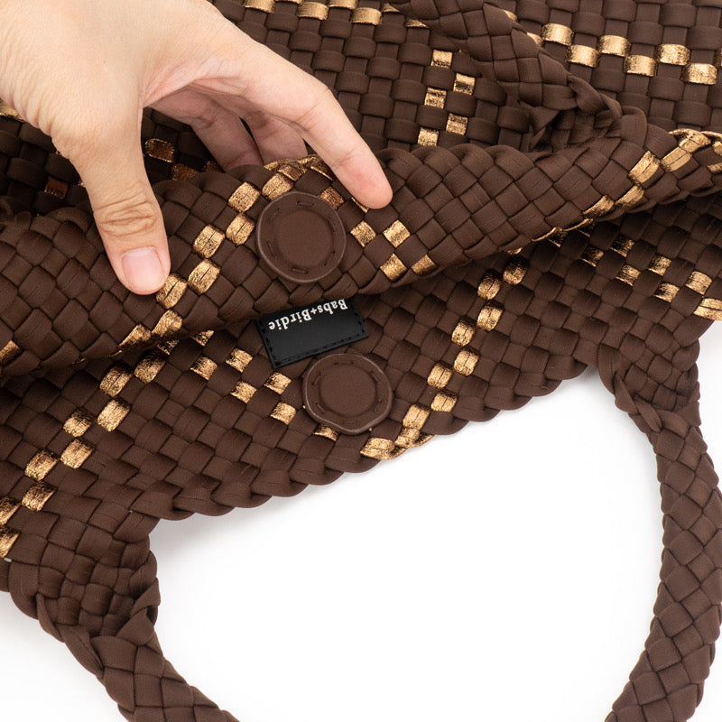 The Charli | Large Woven Neoprene Tote with Wristlet | Cocoa with Gold Stripe Handbag Babs+Birdie