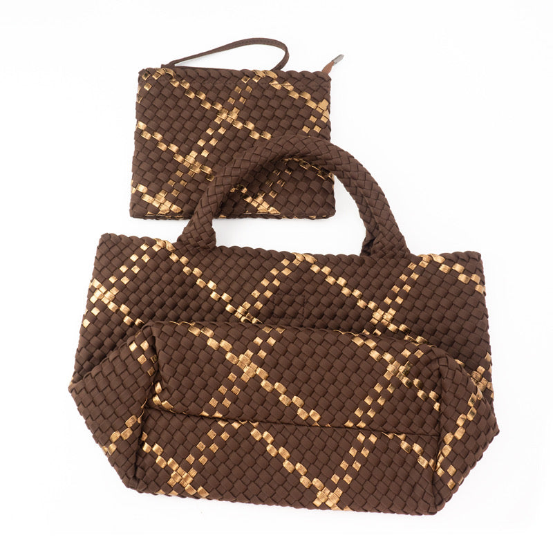 The Charli | Large Woven Neoprene Tote with Wristlet | Cocoa with Gold Stripe Handbag Babs+Birdie