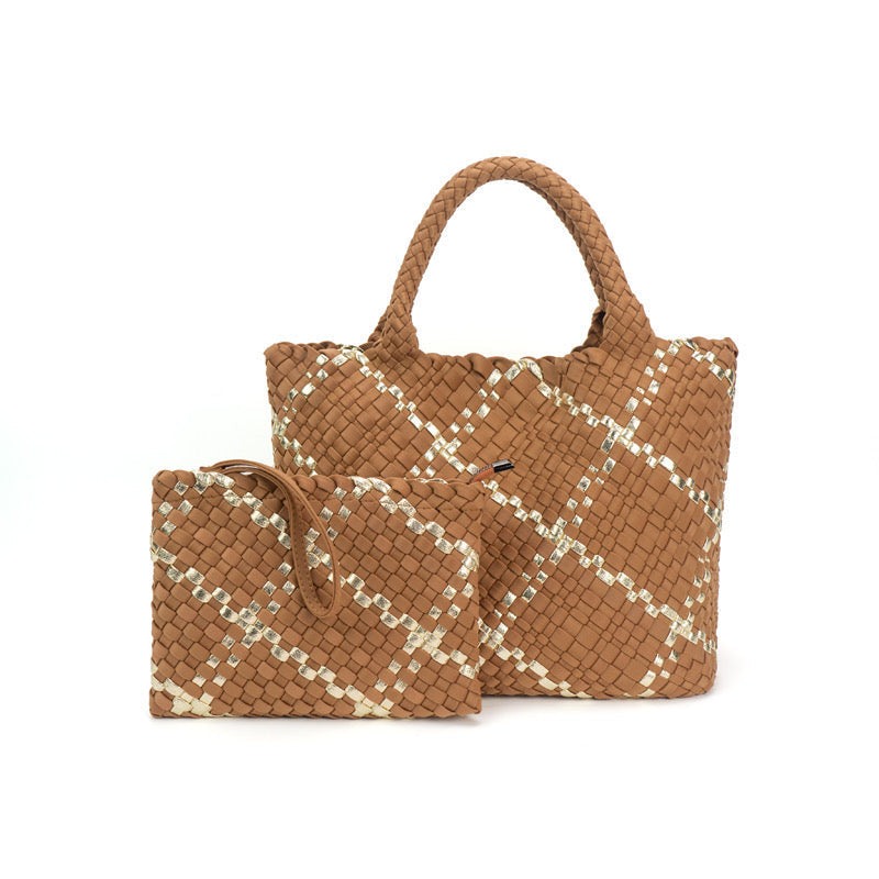 The Charli | Almond Gold Large Woven Neoprene Tote with Wristlet Bags Babs+Birdie
